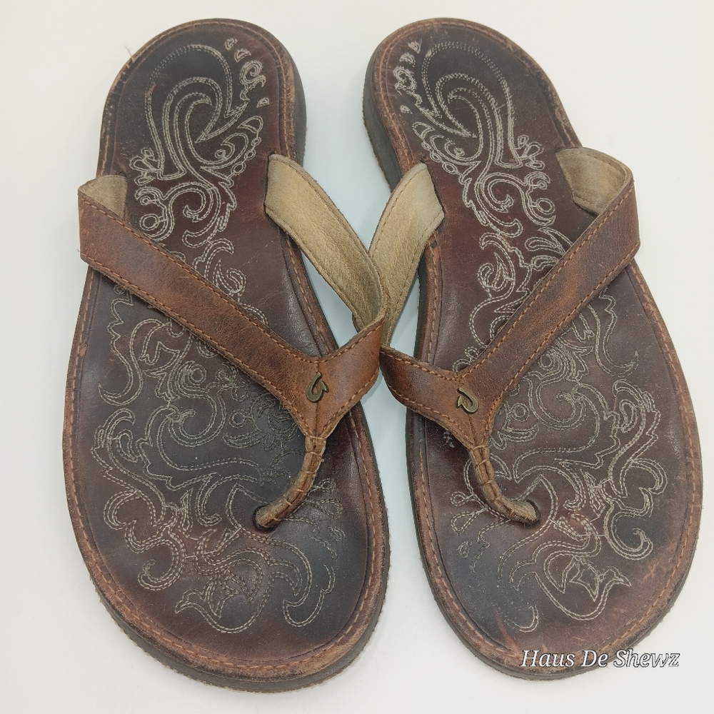 Olukai Paniolo Sandals Women's Embroidered Leather Flip Flop Thong Strap W 9